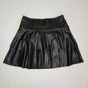 Black Layered Ruffle Mini Skirt M Polyester Womens Fashion Synthetic Leather